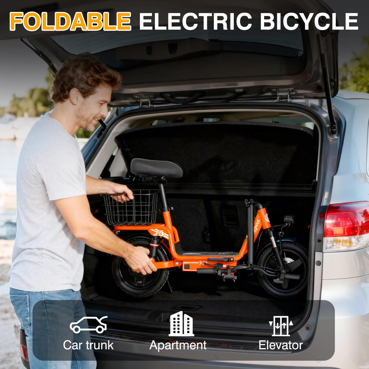 Bodywel T3 Electric Bike for Adults Electric Scooter with Seat, 14" Fat Tire E-bike, 500W 48V 9AH,Foldable ebike with Basket