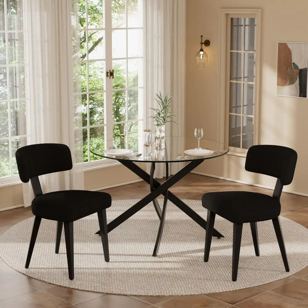 Dining Table Set for 2, 36 Round Kitchen Table with 2 Teddy Boucle Dining Chairs, Tempered Glass Top with Metal LegsAll Black