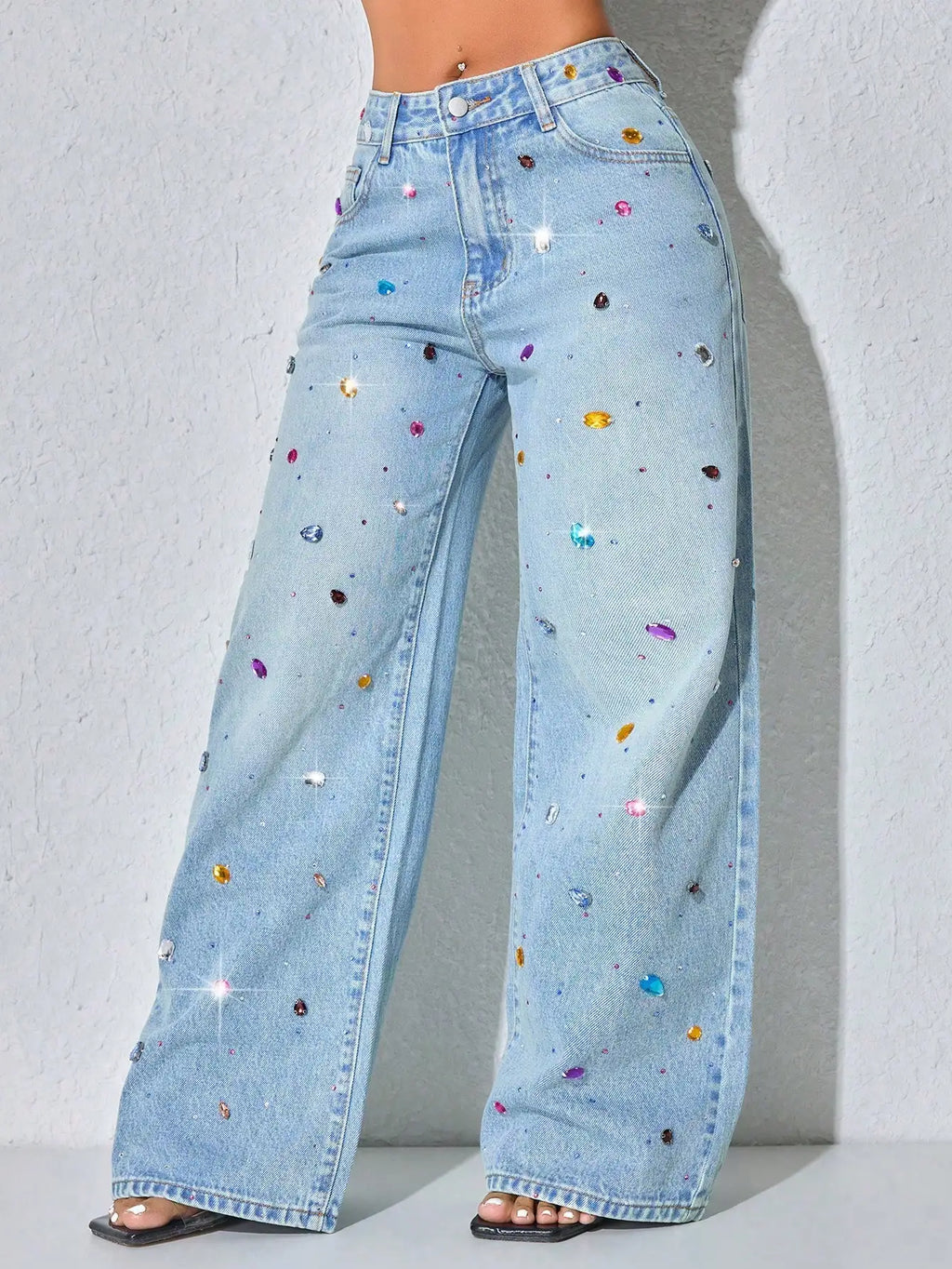 Low Waist Wide Leg Rhinestone Decorated Casual Blue Jeans For Women Spring