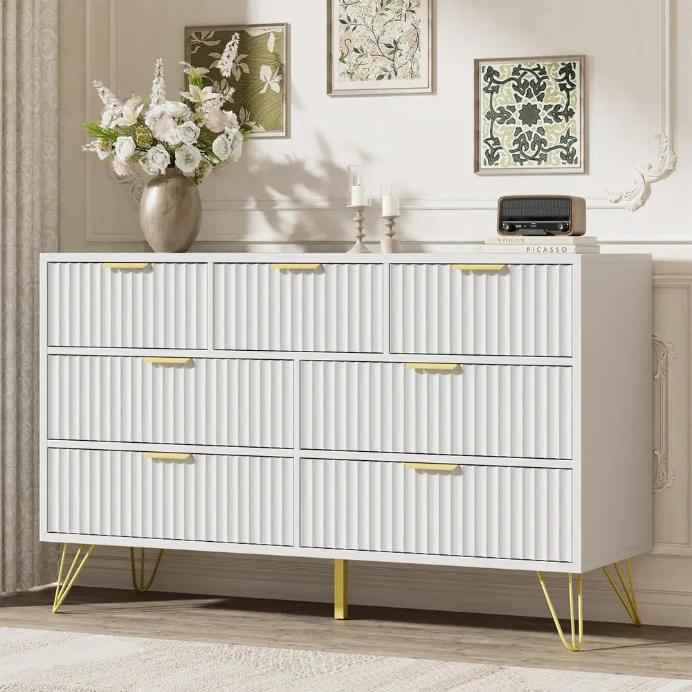 Fluted Dresser for Bedroom, White 7 Drawer Dresser with Gold Handles and Wide Drawers, Wood Chest of Drawers for Bedroom, Hallwa