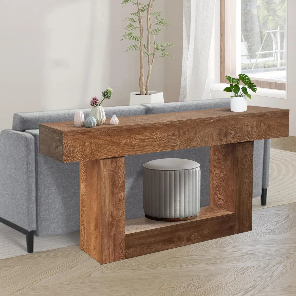 63-Inch Long Farmhouse Style Console Sofa Table, Rustic Wood Entryway Table Behind Couch For Hallway, Living Room & Foyer