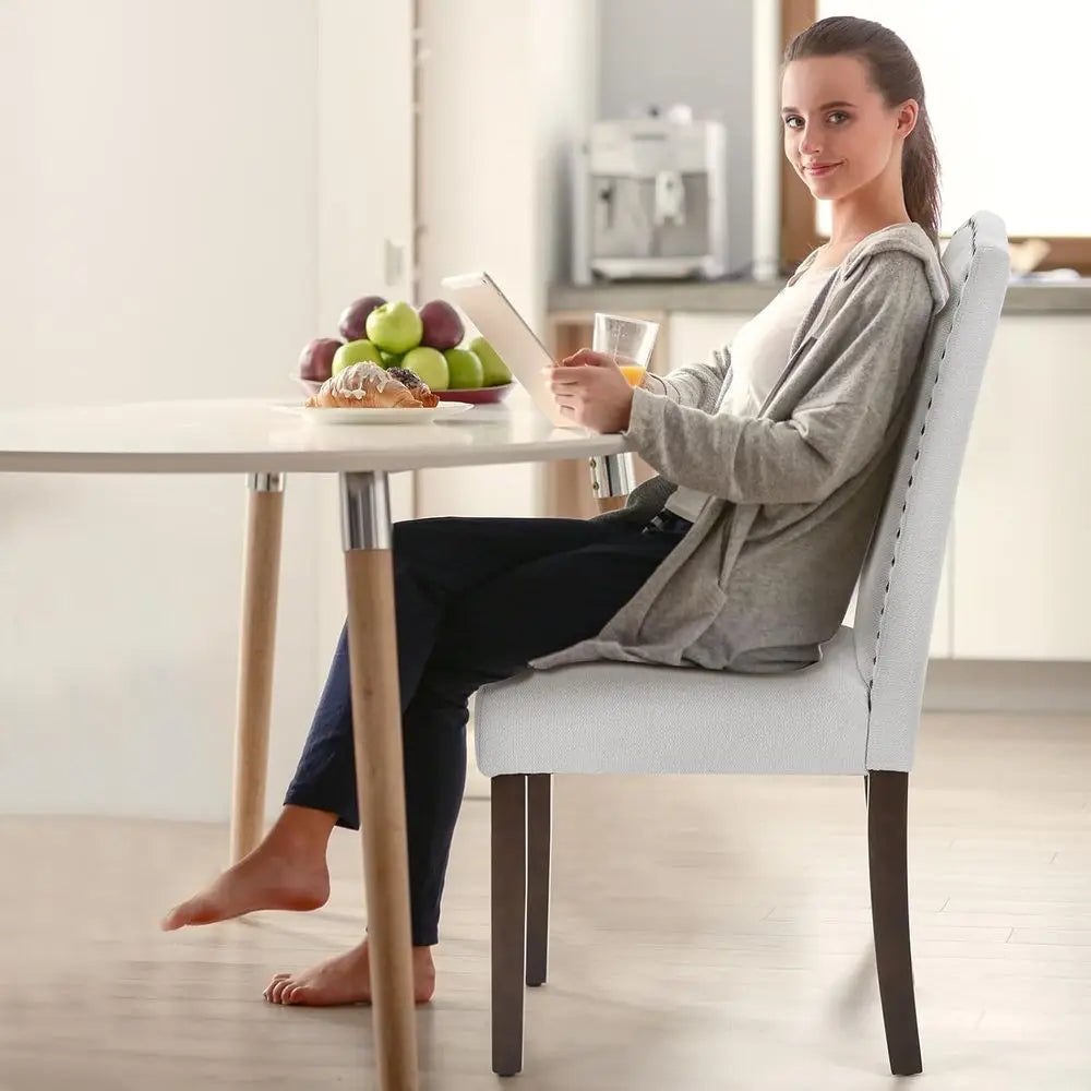 2-Piece PU Dining Chairs with Wooden Legs and Padded Seats, Light Grey for Kitchen, Dining, Living Room, Restaurant Use