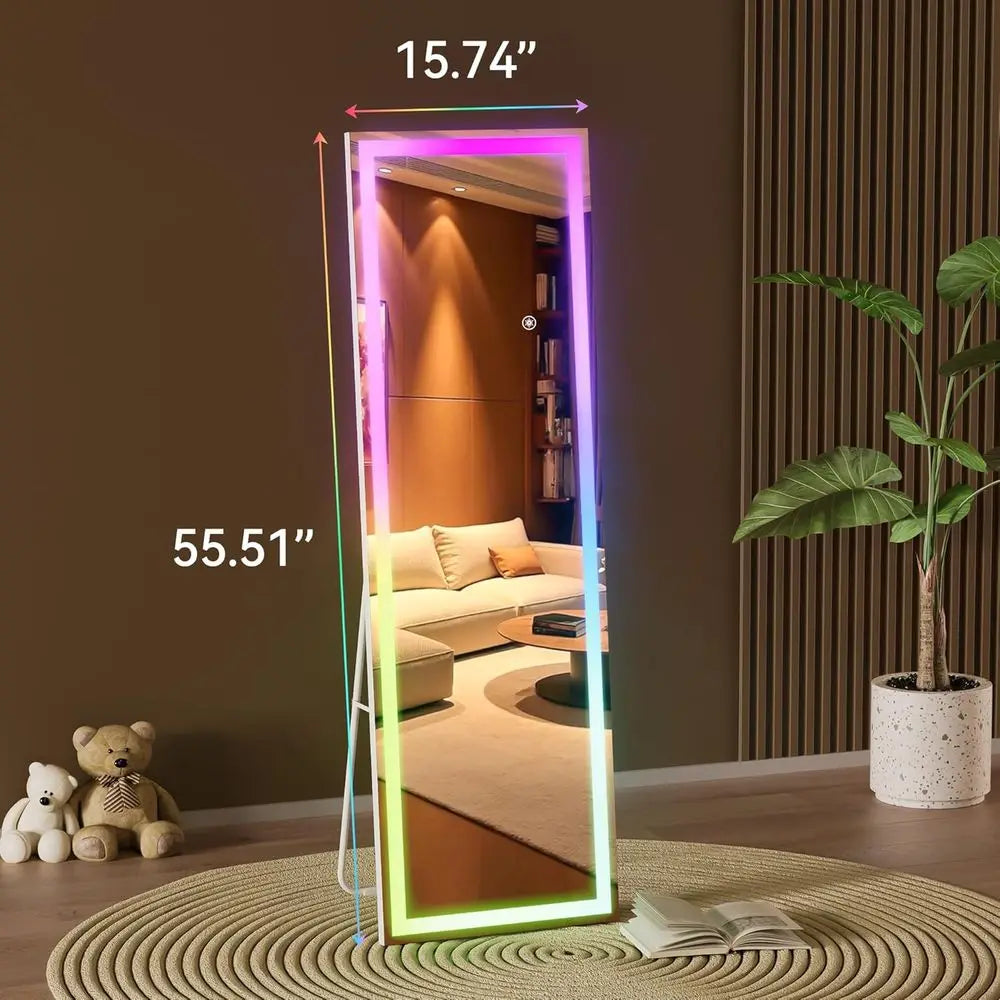 56"x16" LED RGB Bluetooth ull Length Mirror with Lights, ull Body Mirror with Stand, Wall Mount & ree Standing loor Mirror or Be