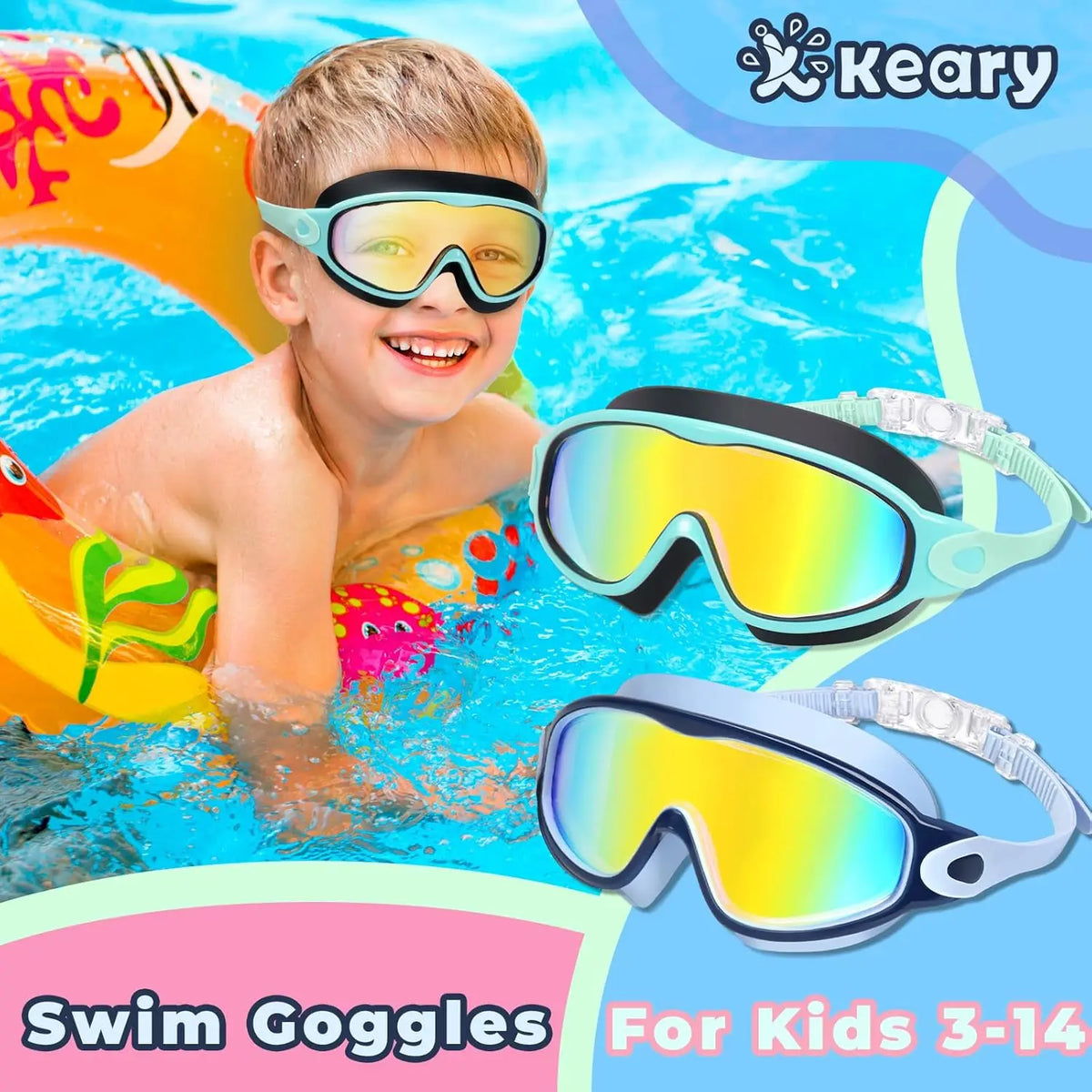 Kids Swimming Goggles Anti-Fog UV Protection Wide View Waterproof for Boys Girls Age 3-16 Pool Water Sports