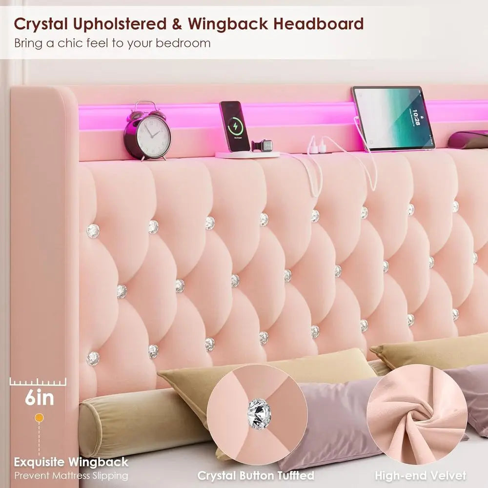 HIIT Upholstered Full Size LED Bed with Charging Station & 4 Storage Drawers, Velvet Crystal Button-Tufted Wingback Headboard, P