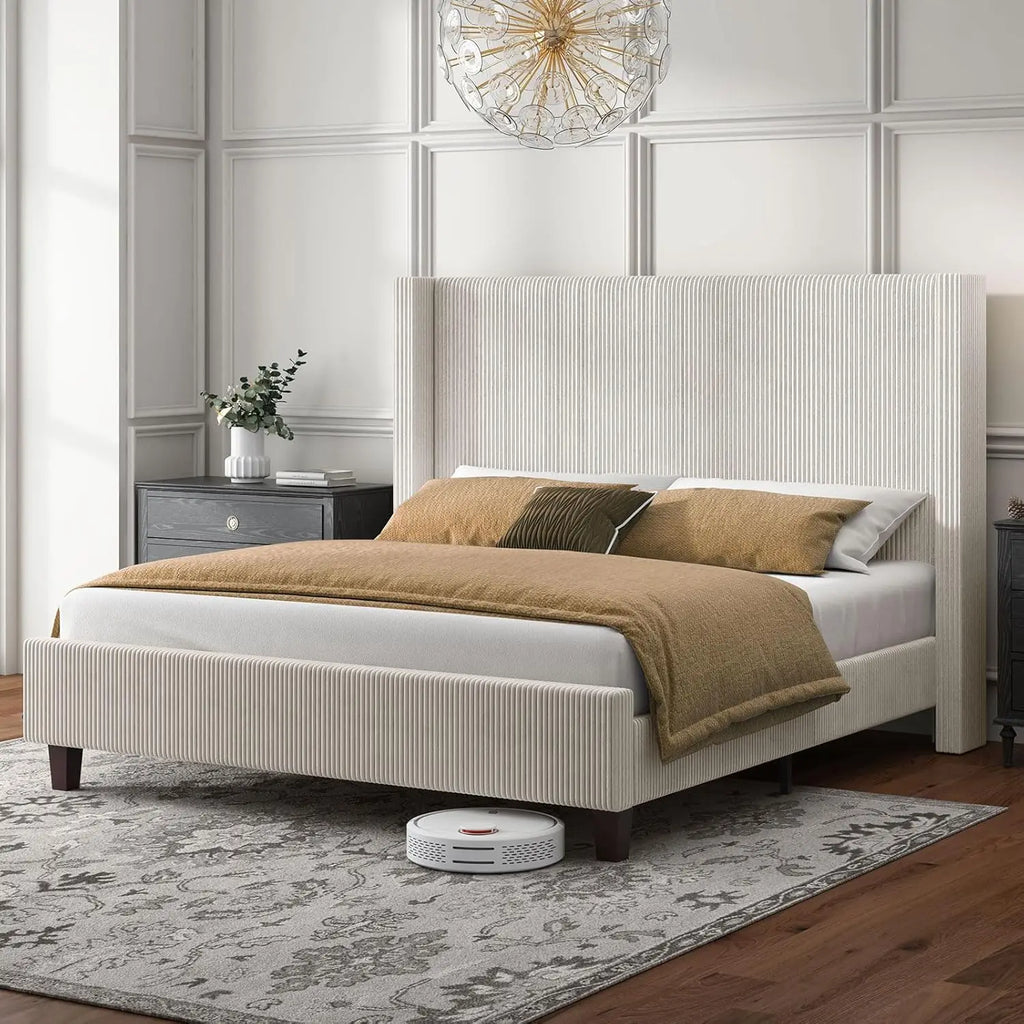 King Size Upholstered Platform Bed Frame, Wingback Bed With 50.8" Headboard, Corduroy/Solid Wood Leg/No, Customized