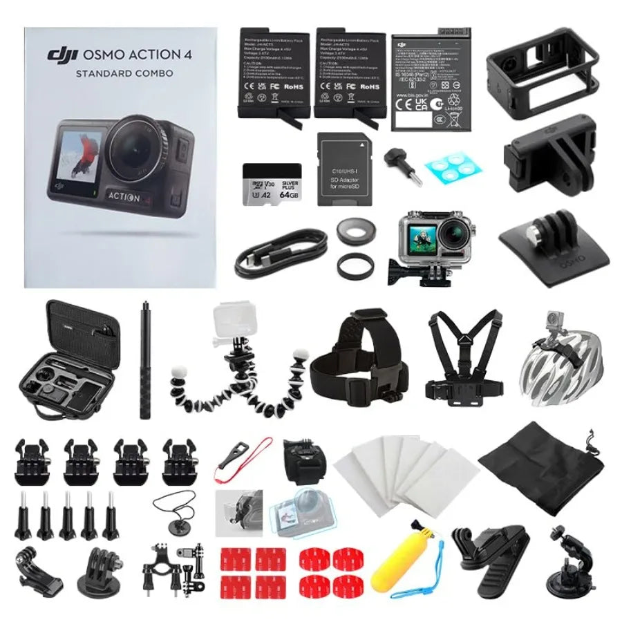 Osmo Action 4 Standard Combo with Multi-accessory in One Kit 4K/120fps UHD Video Waterproof Action Camera with 64G Card and 2 E