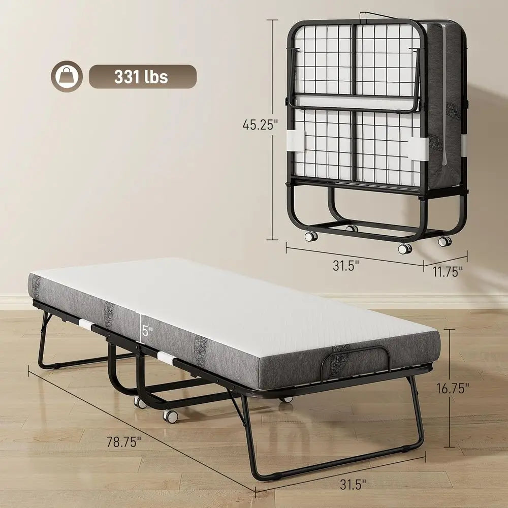 Portable Folding Bed with 5 Memory Foam Mattress, Adult Size, Space-Saving Steel Frame, 79 x 31, Roll Away, White.