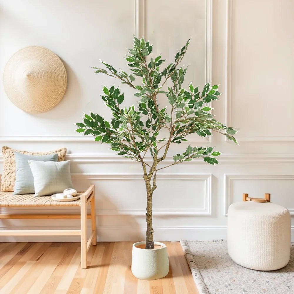 51" Artificial Ficus Tree with Black Plastic Pot, Fake Ficus Plant for Indoor Outdoor Home Office Porch Decor
