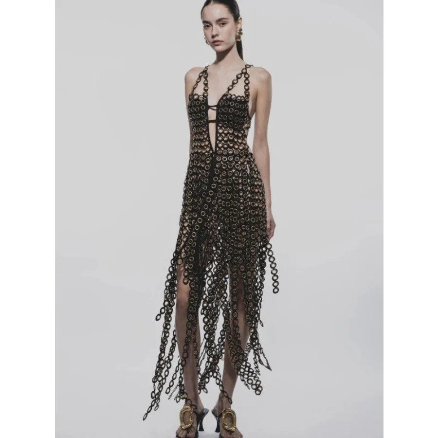 【New style】European and American    direct sale open back sling nightclub sexy fringe dress