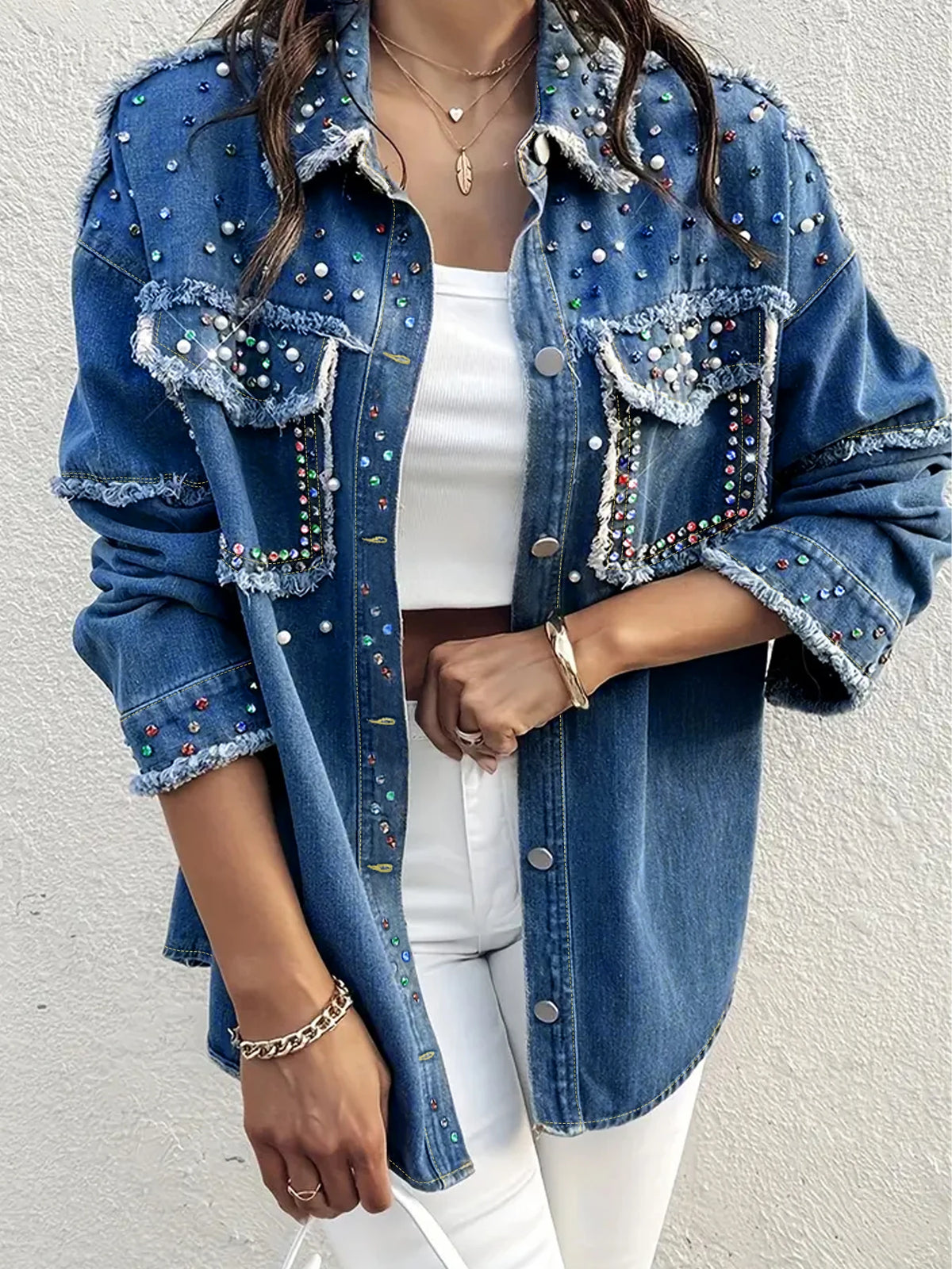 plus Size Women's Loose Denim Jacket with Rhinestone And Pearl Design Casual Washed Large Size Women's Denim Jacket