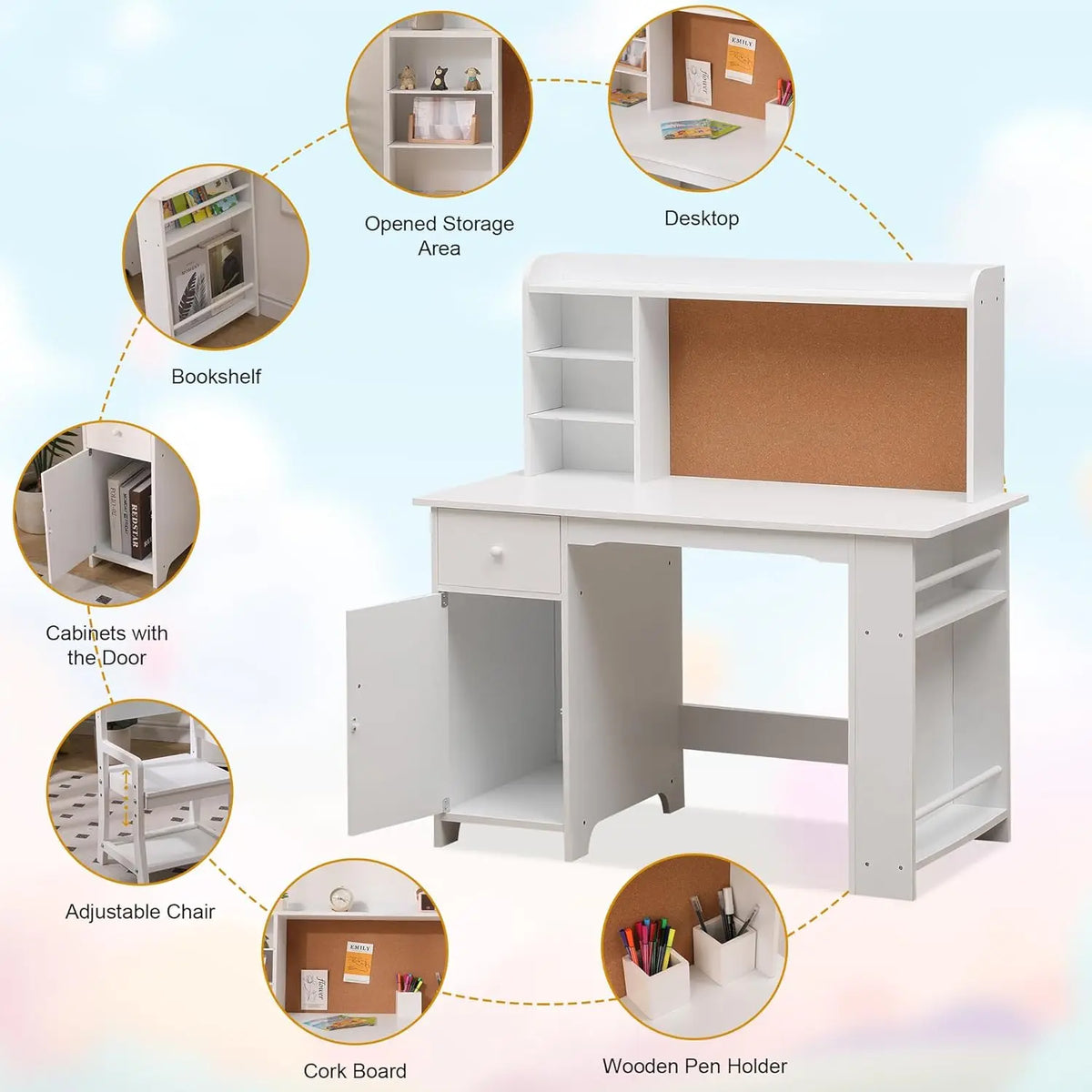 Kids Desk, Study Desk and Chair Set for Boys and Girl, Wooden Kids Writing Table with Bookshelf, Bulletin Board, Cabinet and Dra
