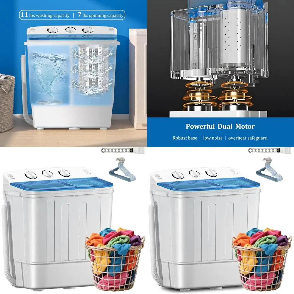 Mini Twin Tub Washing Machine with Drying Rack, 18lbs Washer and 7lbs Spinner, Ideal for Dorms and Apartments (Blue)