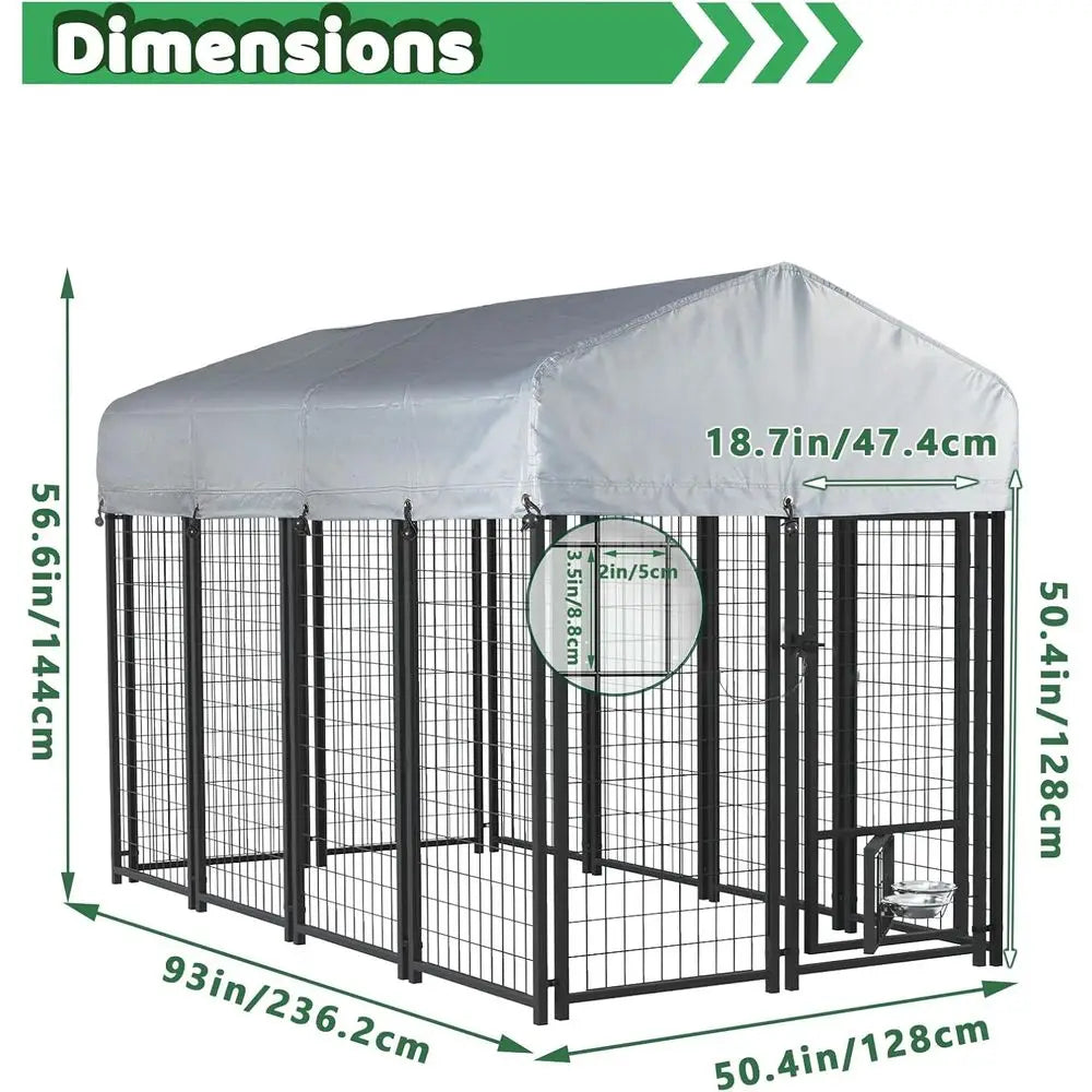 Sturdy 8x4x4 Dog Kennel with Roof, Heavy-Duty Steel Playpen for Large Dogs, Waterproof UV-Resistant Cover (93.1L x 50.4W x 56.6H