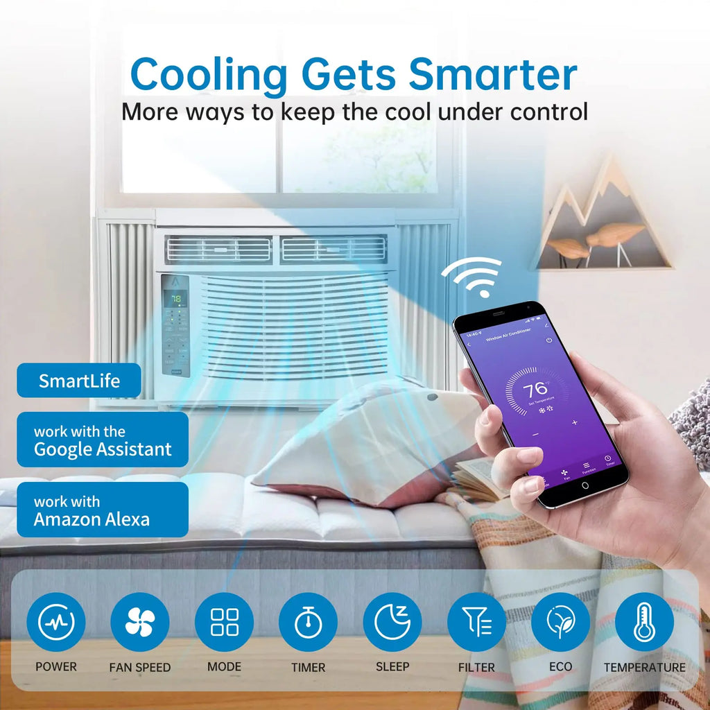 6000 BTU Window Air Conditioner,WiFi Smart AC Unit With Remote & App Control,Timer Function For Rooms Up to 350 Sq Ft, 115v/60Hz