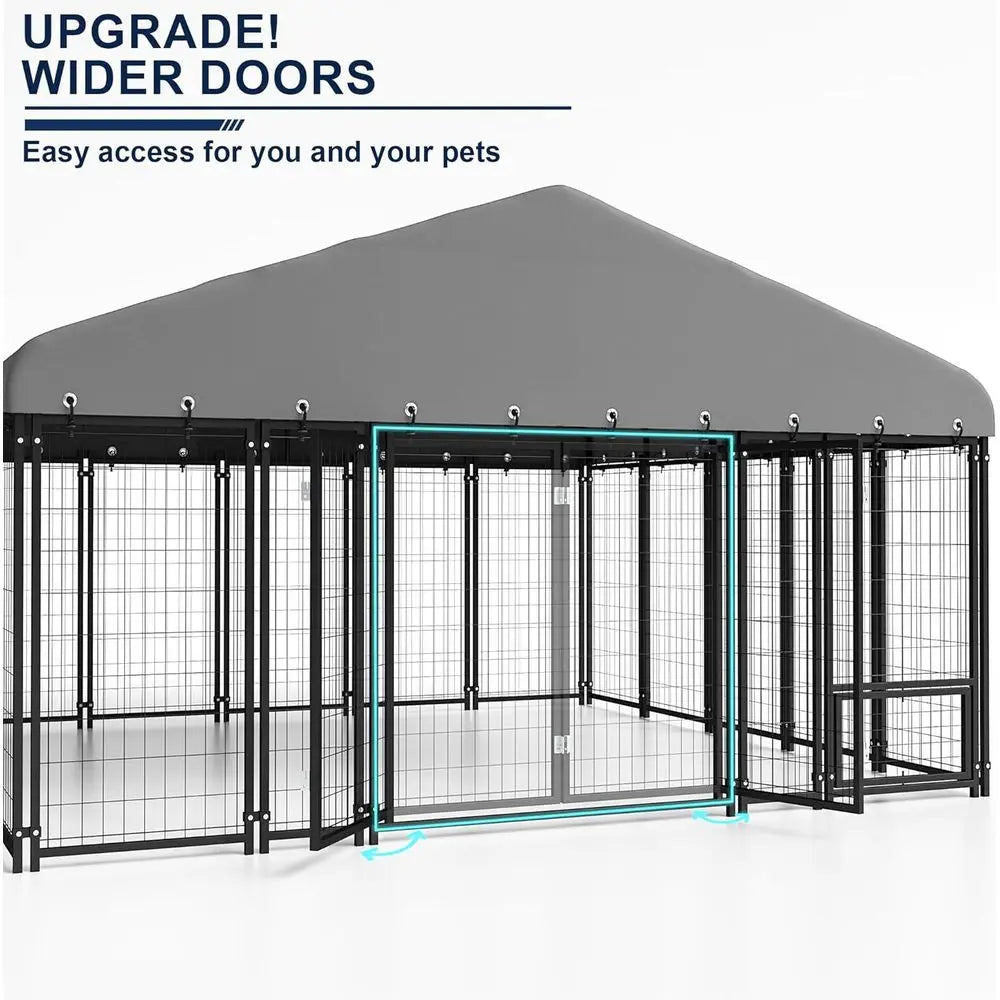Large Outdoor Dog Kennel - 10x10 Heavy Duty Galvanized Steel Enclosure with Roof & Double Lock