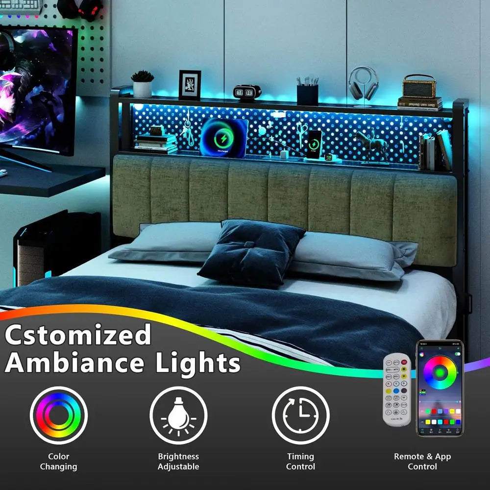 Green Full-Size Bed with Storage, Upholstered Headboard, Charging Stations, LED Lights, 2-Tier Shelves, and Pegboard, Height Adj