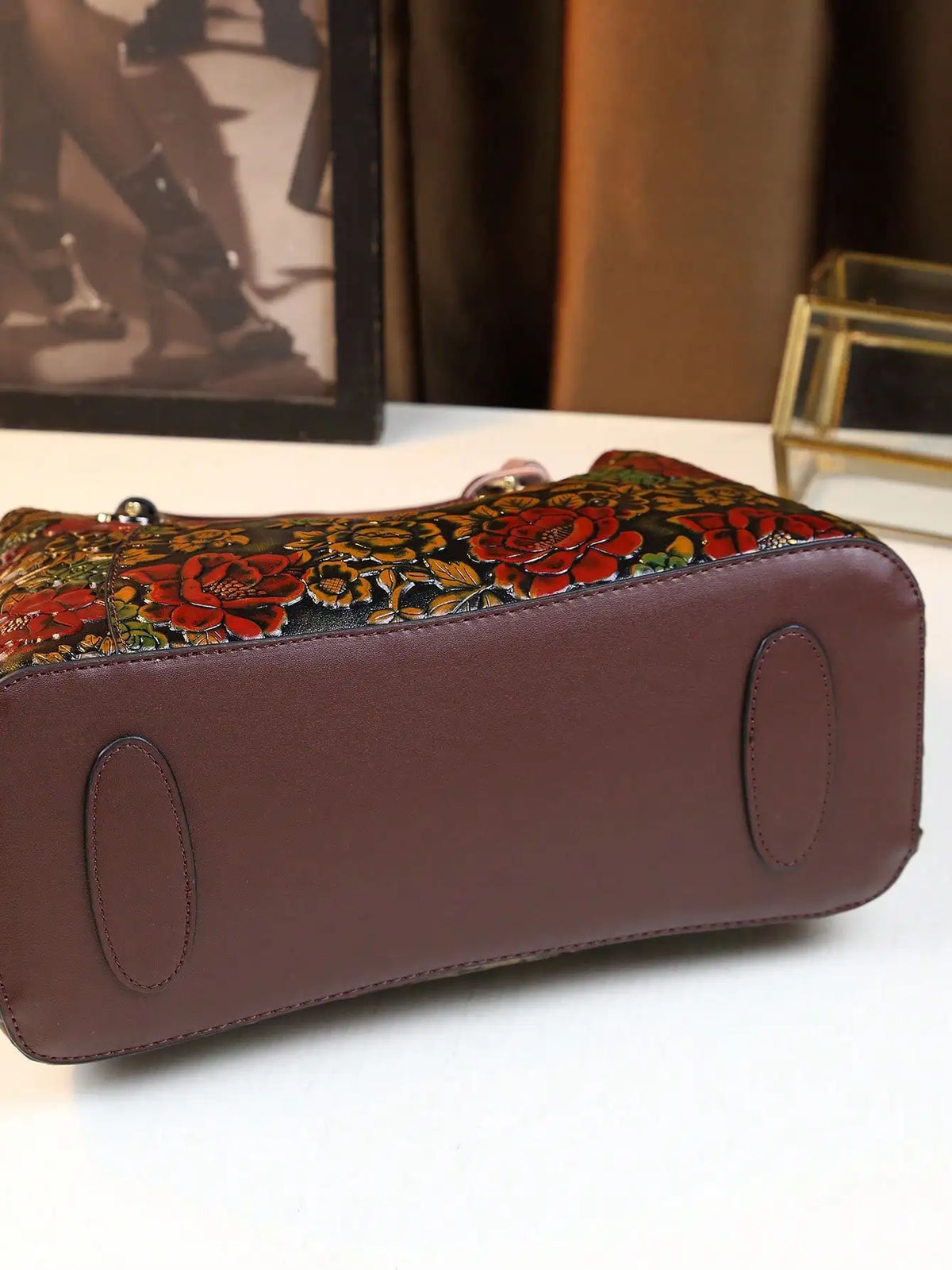Vintage-Style Embossed Floral Leather Top-Handle Handbag for Women
