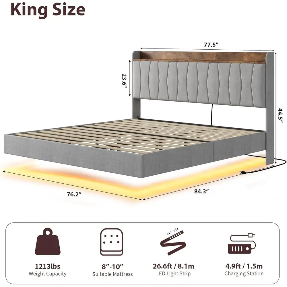 GarveeHome loating Bed e King with LED Lights & USB Charging Station – ern Upholstered Platorm Bed with board, Solid Wood Slats