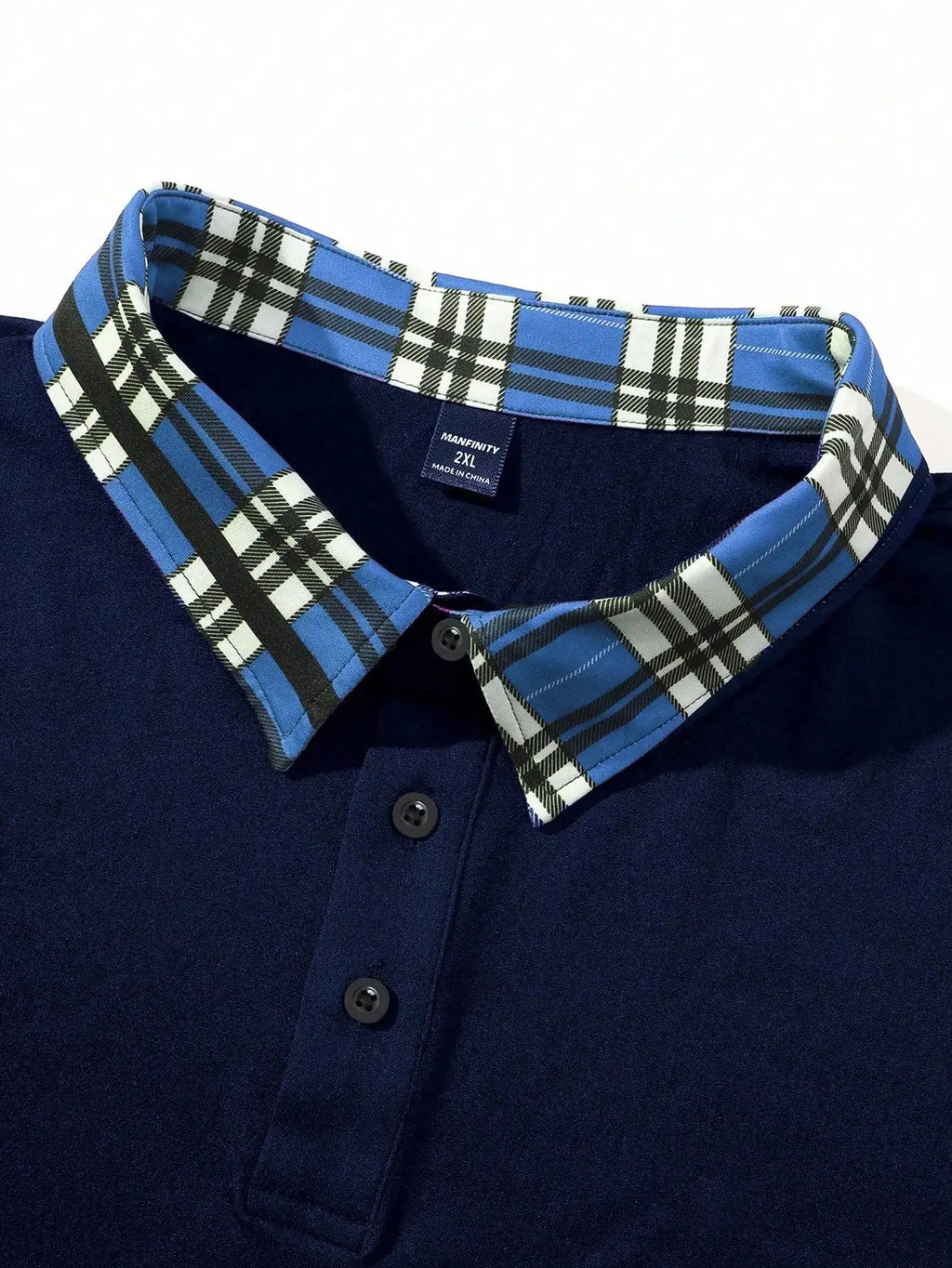 Navy Blue Men's Short Sleeve Polo Shirt with Plaid Trim Collar and Cuff