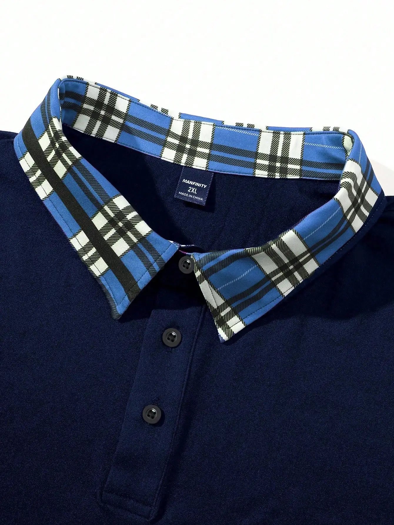 Navy Blue Men's Short Sleeve Polo Shirt with Plaid Trim Collar and Cuff
