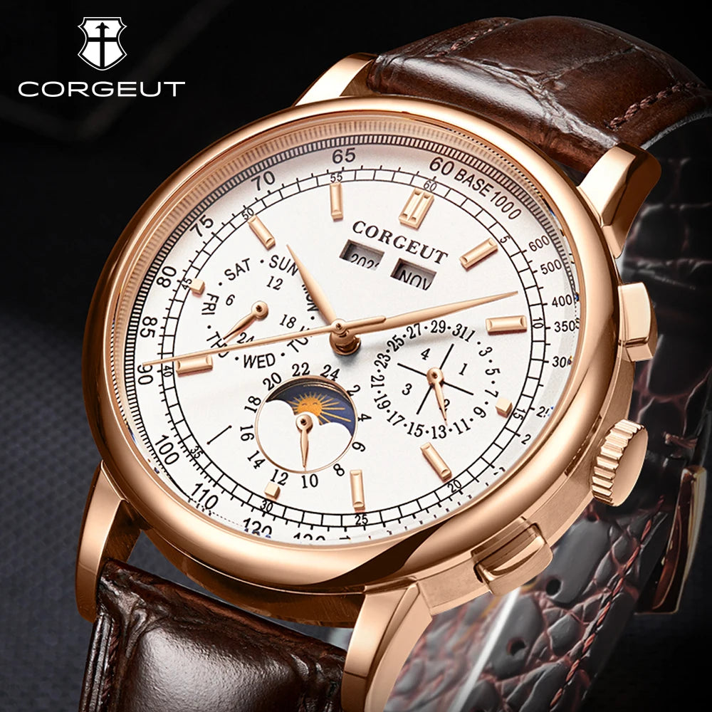 Corgeut 42mm Automatic Men's Watch Date Day Month Year Rose Gold Dial Multifunction 316L Leather Strap Polished Case Day Night