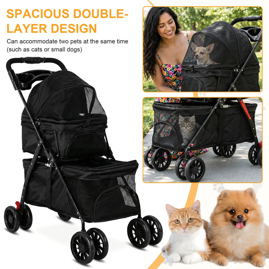 Cat Stroller for Dogs and Cats Foldable Cat Carrier with Safety Belts Cup Holder & Lockable Wheels for Daily Walks & Outdoor Use