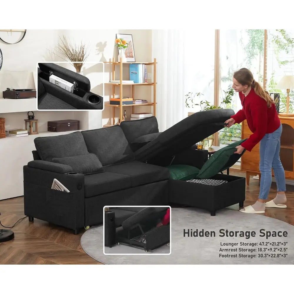 2-in-1 Sectional Sleeper Sofa with Storage, USB, Cup Holder, Pull-Out Couch in Gray