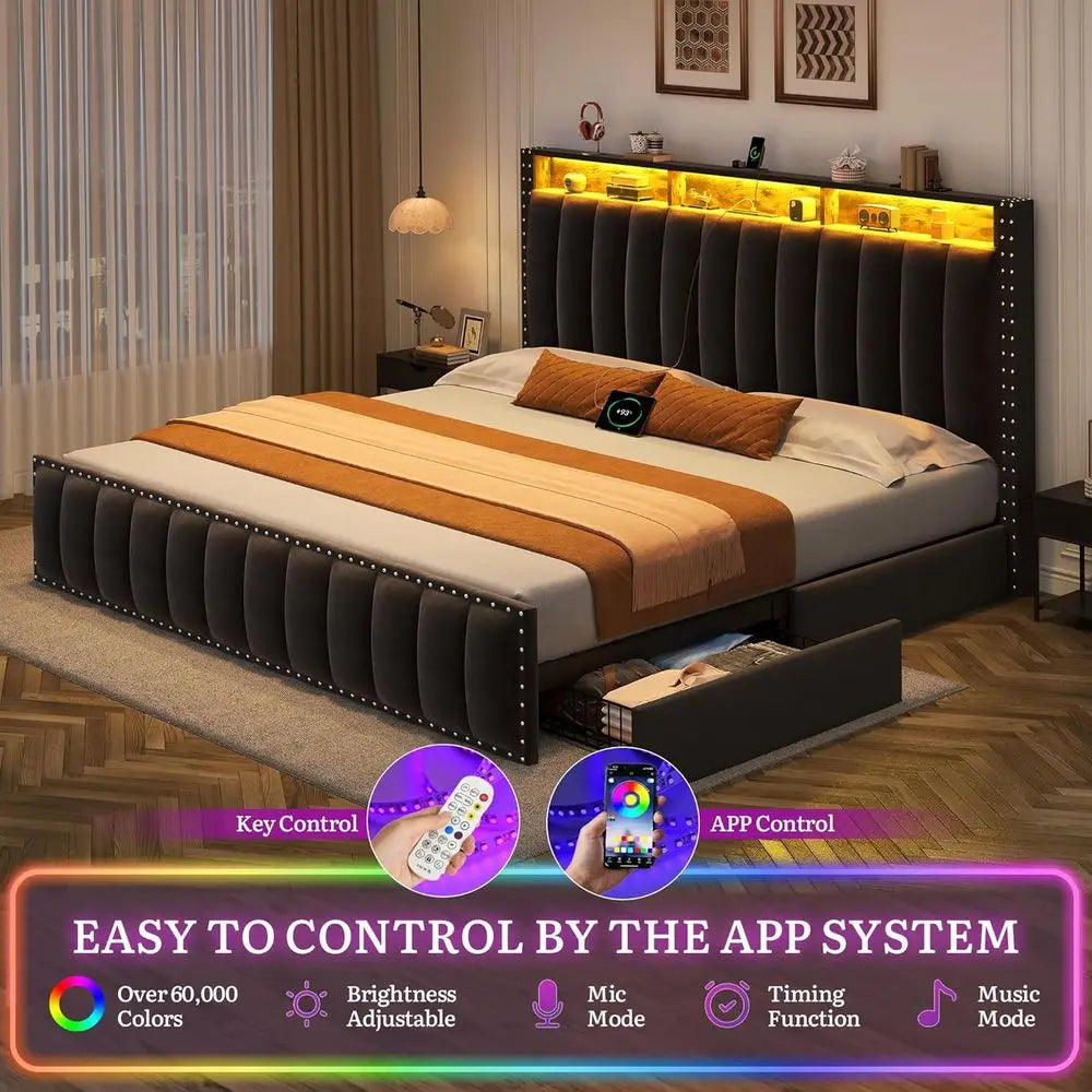 King Size Bed e with 4 Storage Ders and RGB LED Lights, Velvet Upholstered Platorm Bed with Charging Station and Bookcase Storag