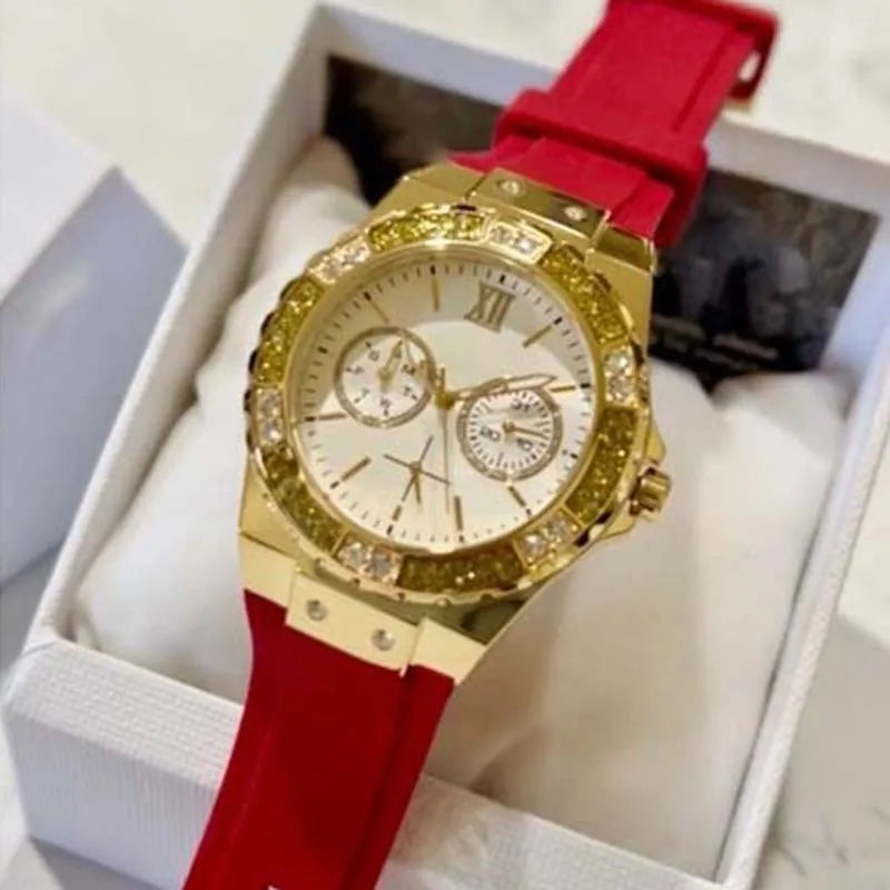Luxury Quartz Watch Set Stainless Steel Case Silicone Strap Chronograph Diamond Dial Waterproof Couple Wristwatch Women