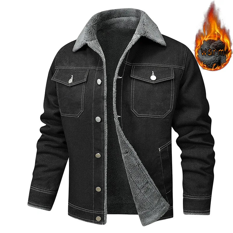 Men's denim jacket wool warm inner cotton jacket for autumn and winter casual outdoor plus size work jacket can be50-100kg