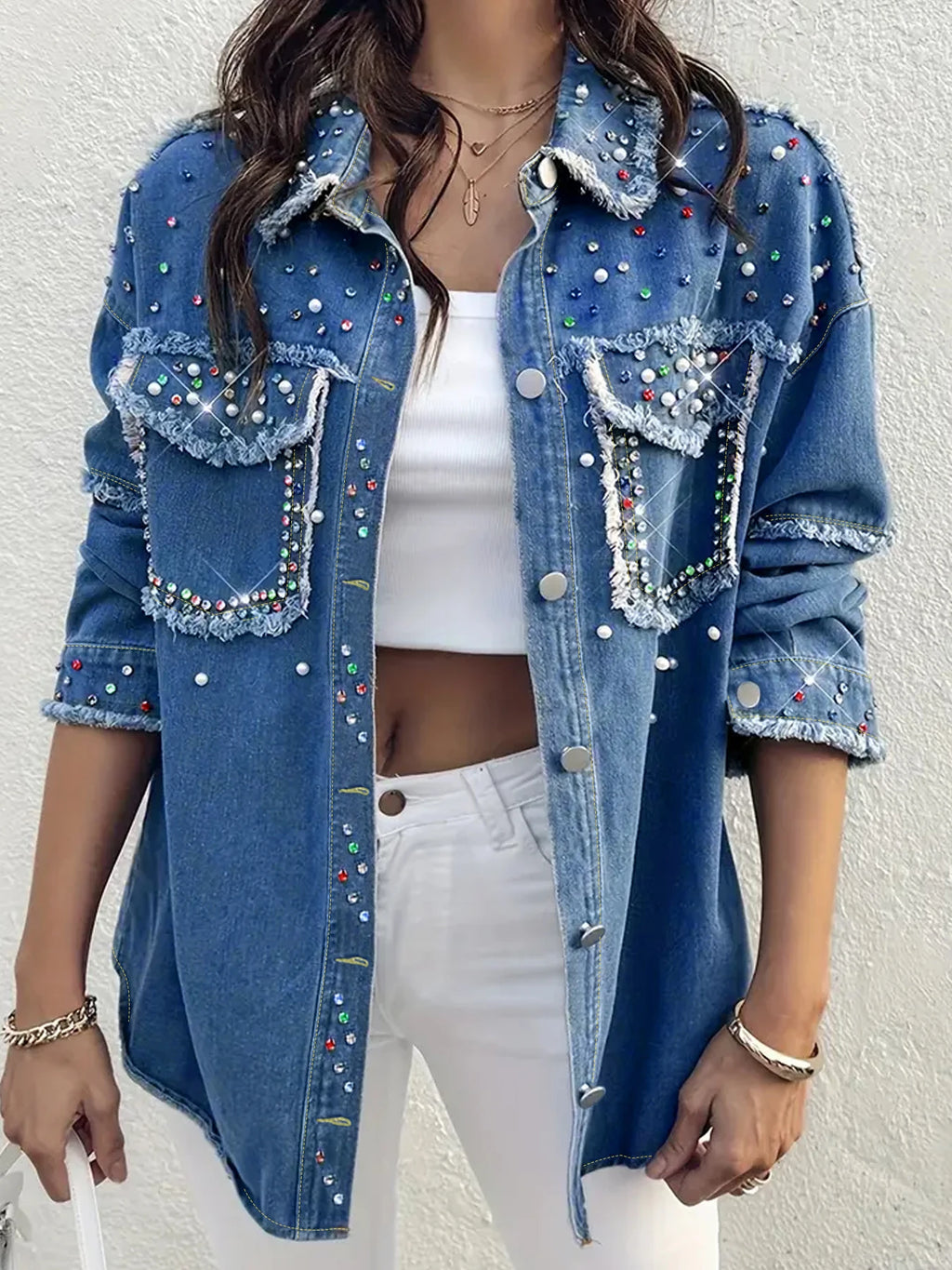 plus Size Women's Loose Denim Jacket with Rhinestone And Pearl Design Casual Washed Large Size Women's Denim Jacket