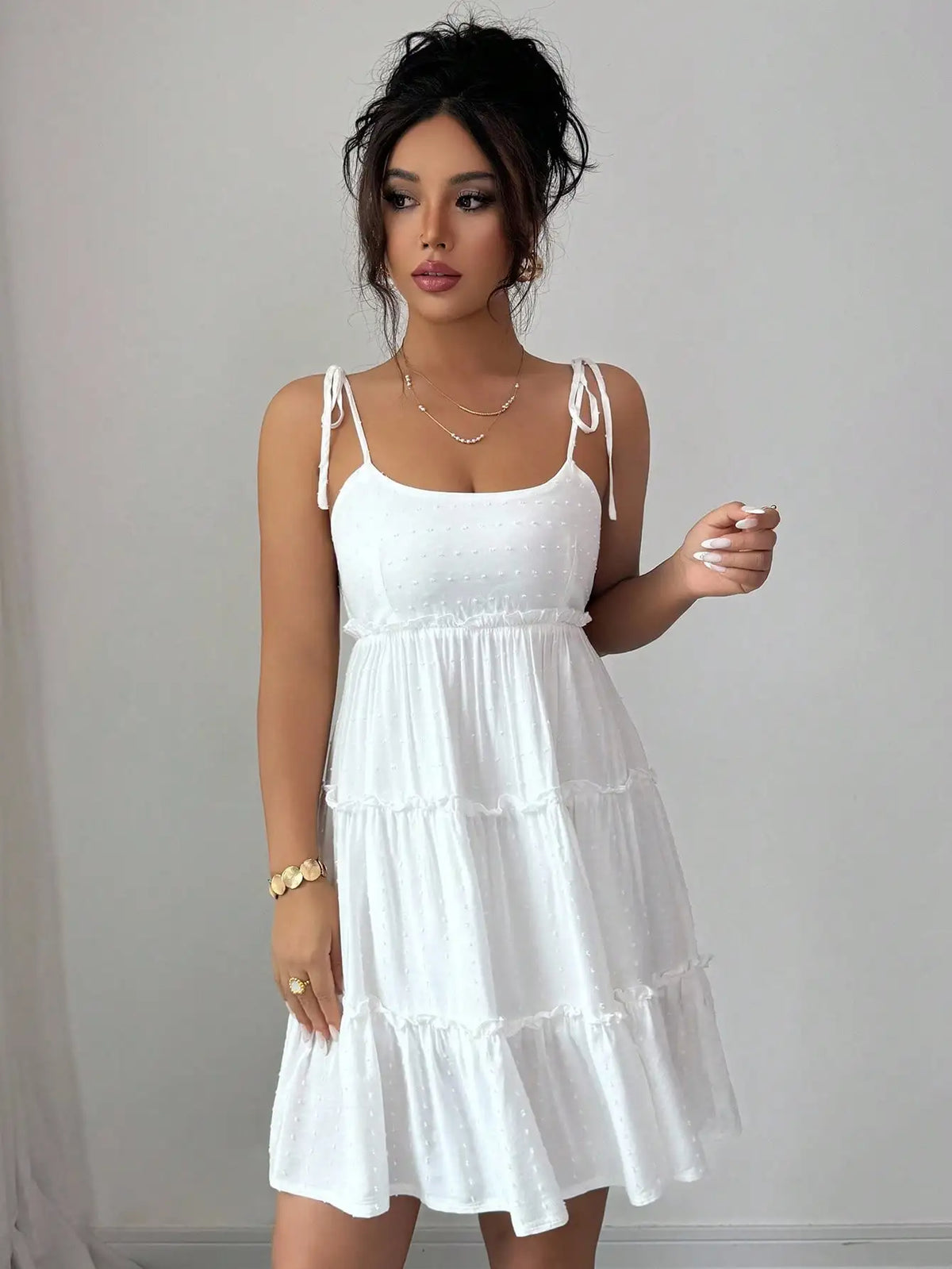 White Swiss Dot Tiered Ruffle Cami Dress for Summer Vacation