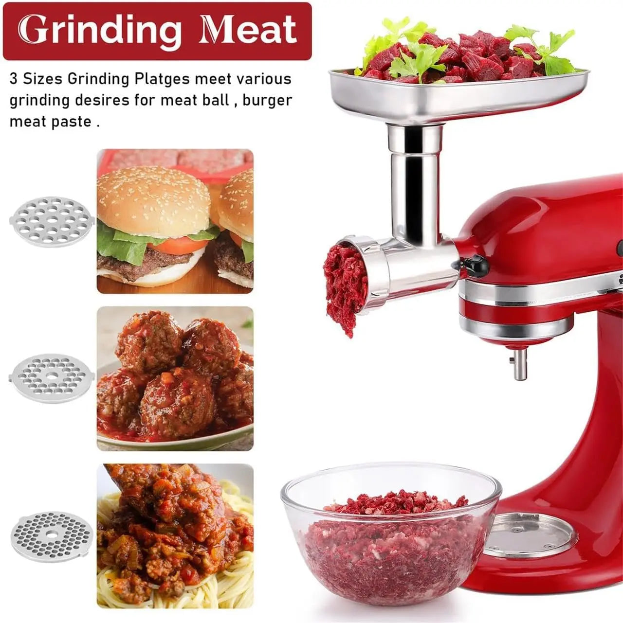 Stainless Steel Food Grinder Attachment for Kitchen Mixers, Dishwasher Safe with 3 Sausage Tubes