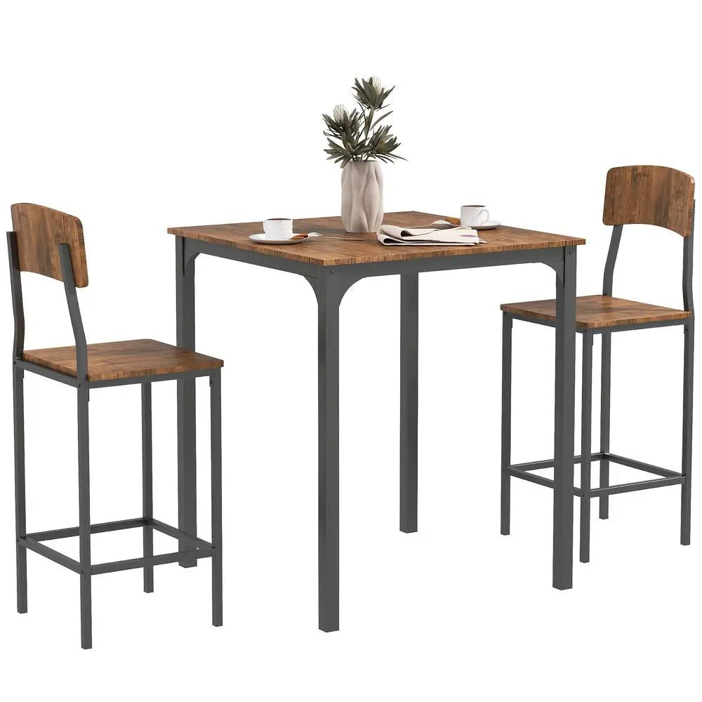 3 Piece Industrial Counter Height Dining Table Set, Bar Table amp Chairs with Steel Legs amp Footrests, Black