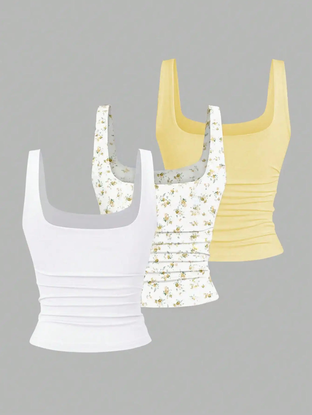 Women's Ruched Square Neck Tank Top Set, Casual Summer Floral & Solid Colors
