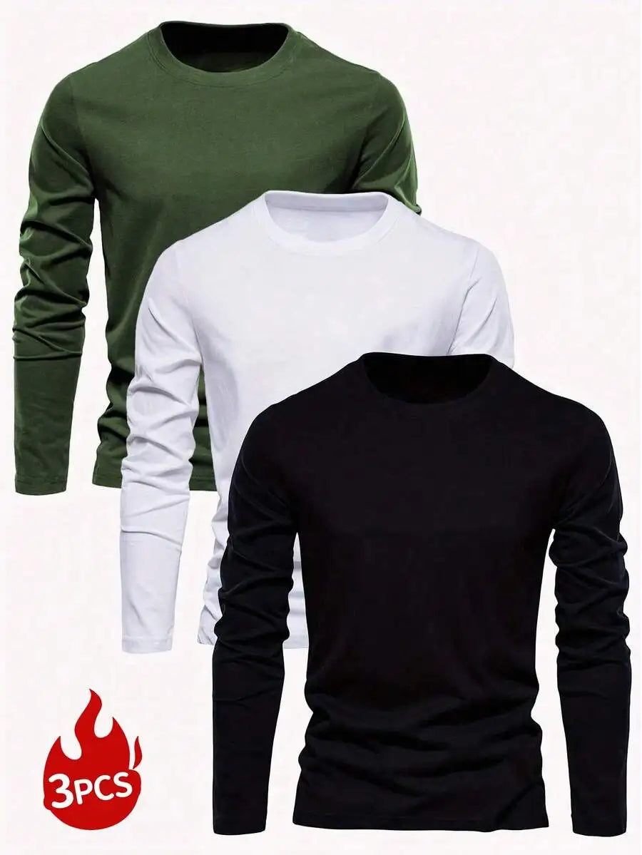 3-Pack Men's Solid Color Round Neck Slim Fit Long Sleeve T-Shirts for Casual Daily Wear