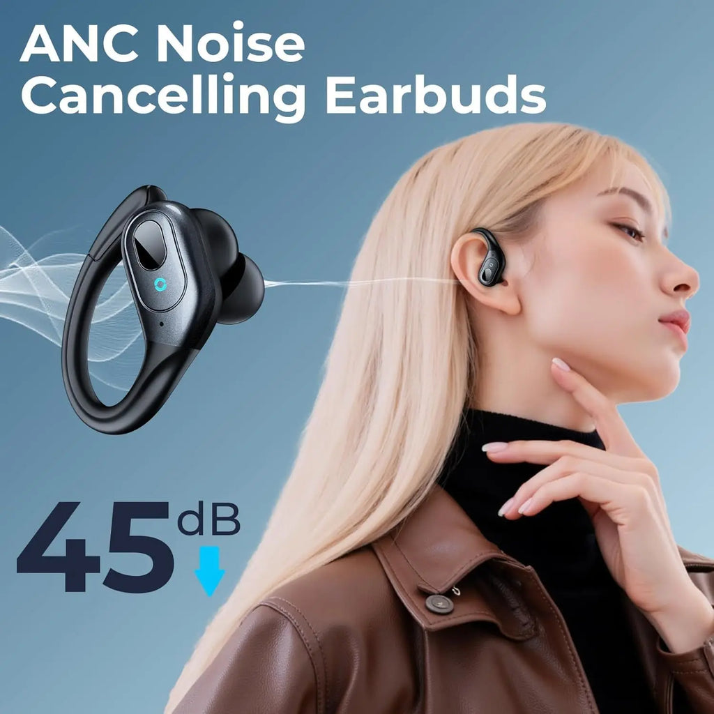 Active Noise Cancelling Wireless Bluetooth Earbuds with 90Hrs Playback, IPX7 Waterproof Over-Ear Hooks for Sports Running Gym