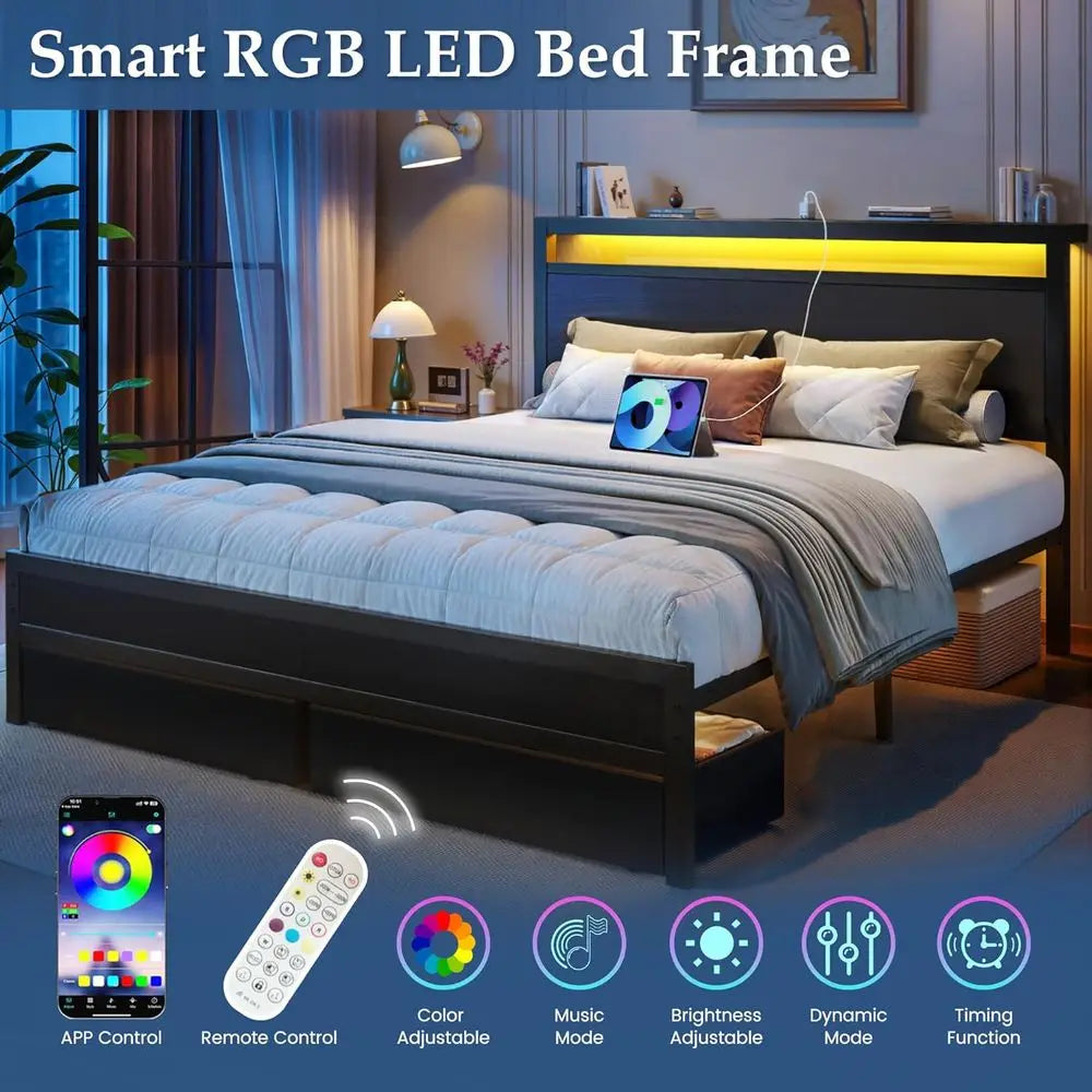 Elegant Black Queen Bed with Storage, LED Light, and Charging Station - No Box Spring Required