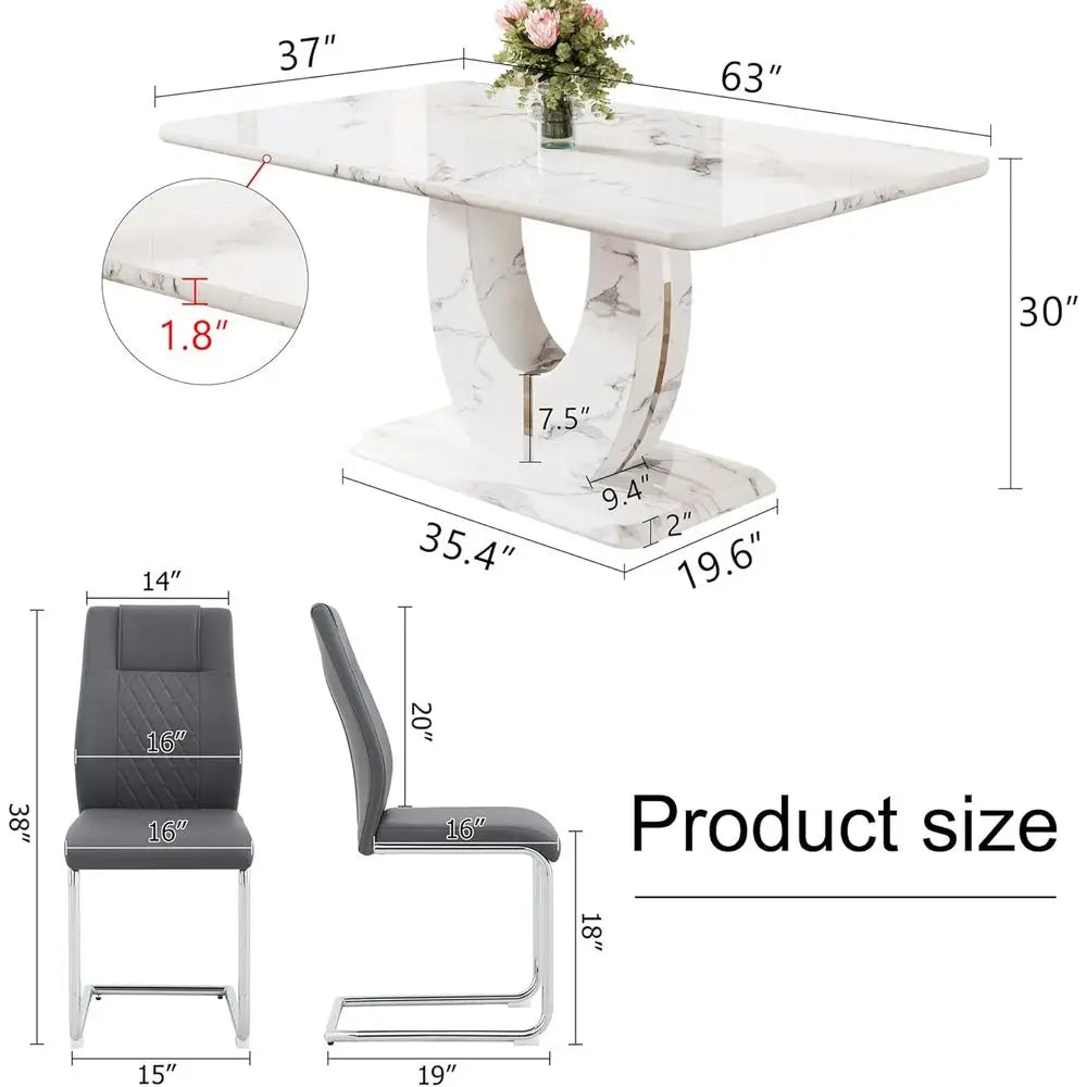 Dining Table Set or 6, Kitchen Table Chairs Set o 6, ern Dining Room Set with 63'' Marble Dinner Table PU Leather Upholstered Ch