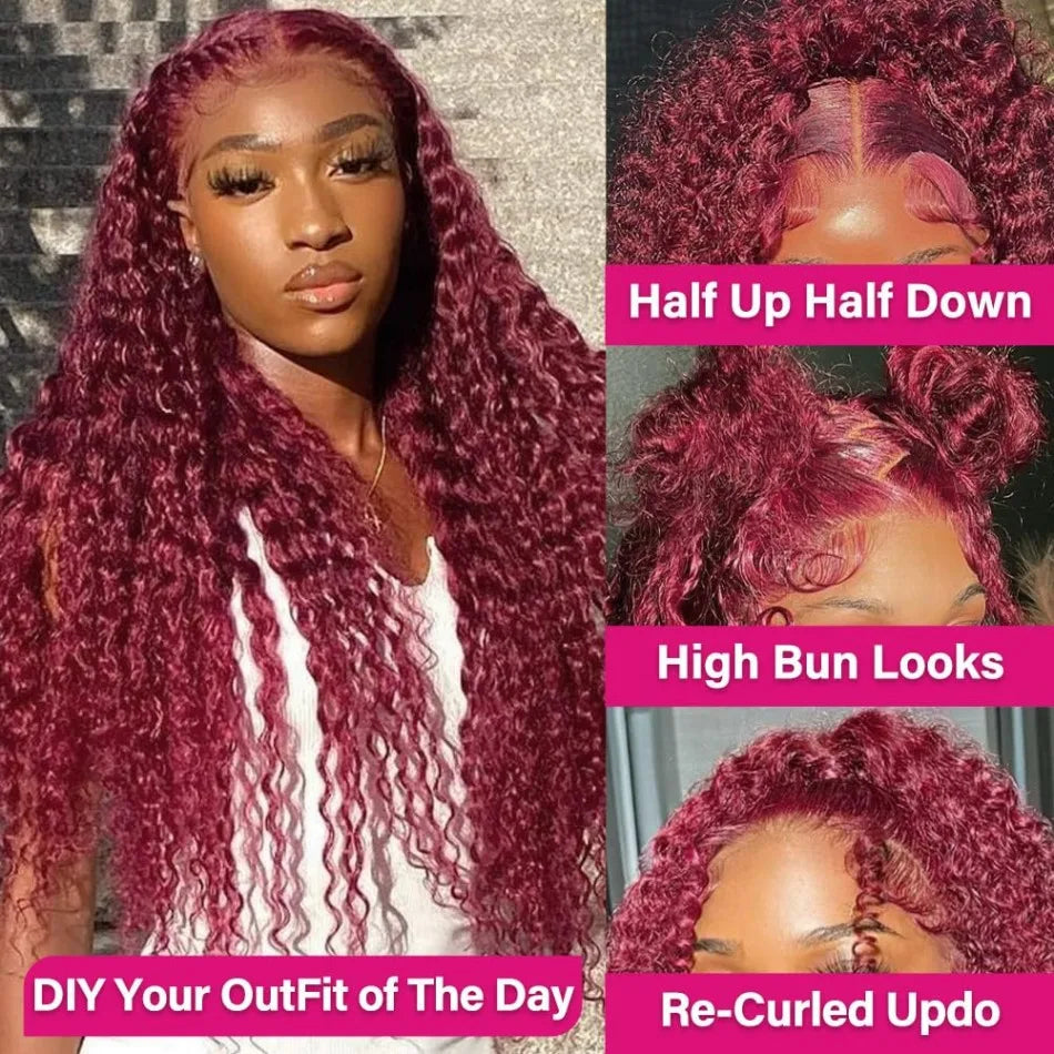 Deep Wave Human Hair Wigs 99J Burgundy 13X6 Hd Lace Frontal Wig 13X4 Human Hair 250 Density Water Wave Preplucked Brazilian Wig