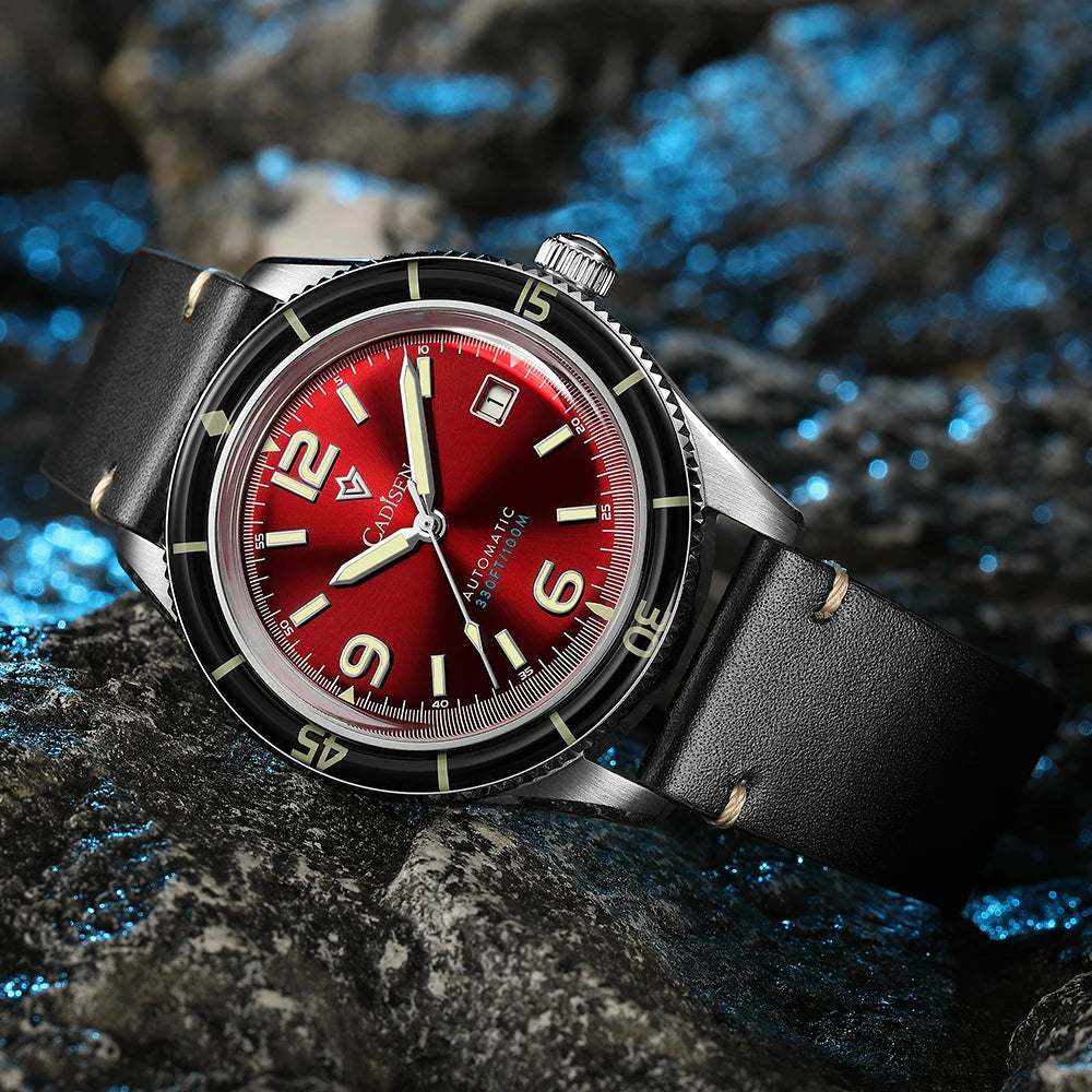 CADISEN NEW Watches Mechanical Automatic Wristwatches MIYOTA 8215 Movement Genuine Leather Waterproof Luminous Red Watch of Men
