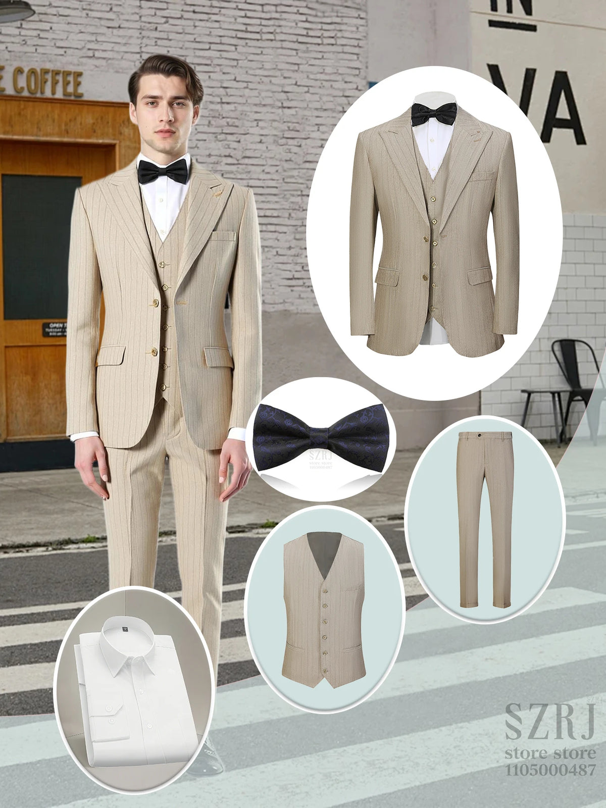 Men's 5-piece vertical striped suit+double button jacket+pants+white shirt+blue tie, suitable for wedding/business/daily wear