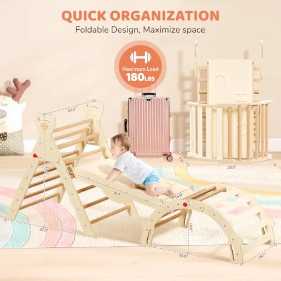 Pikler Triangle Set 8-in-1 Foldable Montessori Wooden Climbing Toys for Toddlers 1-5 Years Indoor Jungle Gym with Slide