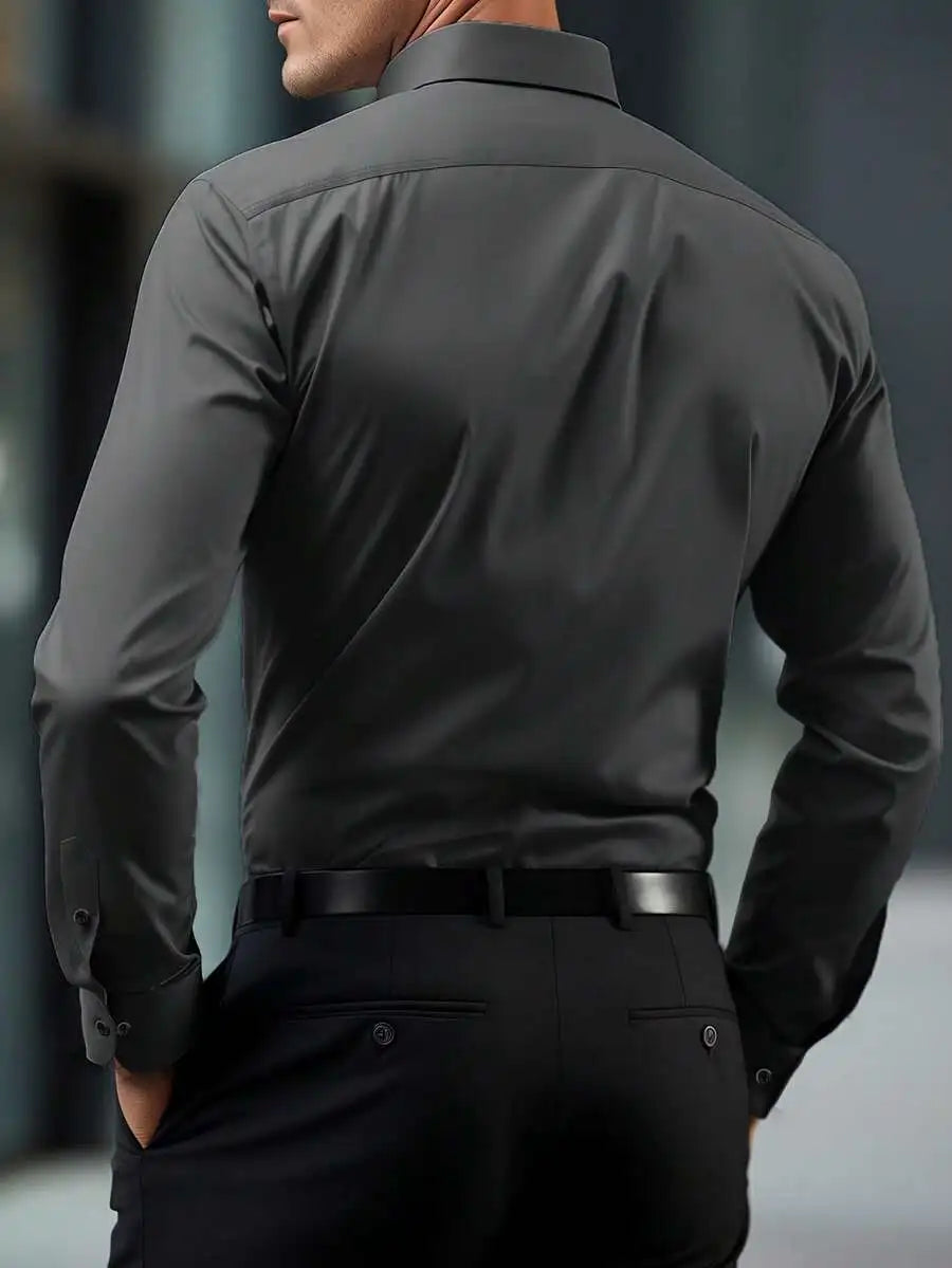 Men's Solid Cream Slim Fit Long Sleeve Button-Down Shirt for Business Casual Wear