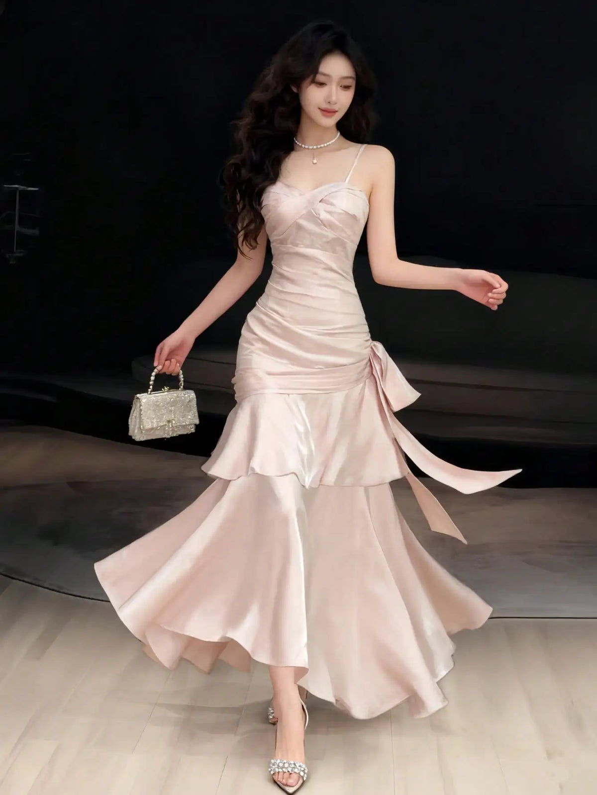 Burgundy Satin Mermaid Dress with Ruched Bodice and Spaghetti Straps for Formal Events