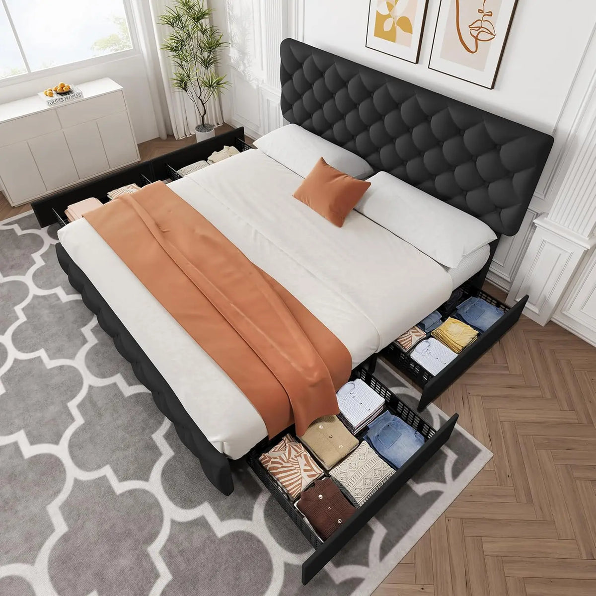 King Size Bed Frame with Storage Drawers, Adjustable Headboard, Linen Upholstered Platform Bed, No Box Spring Needed