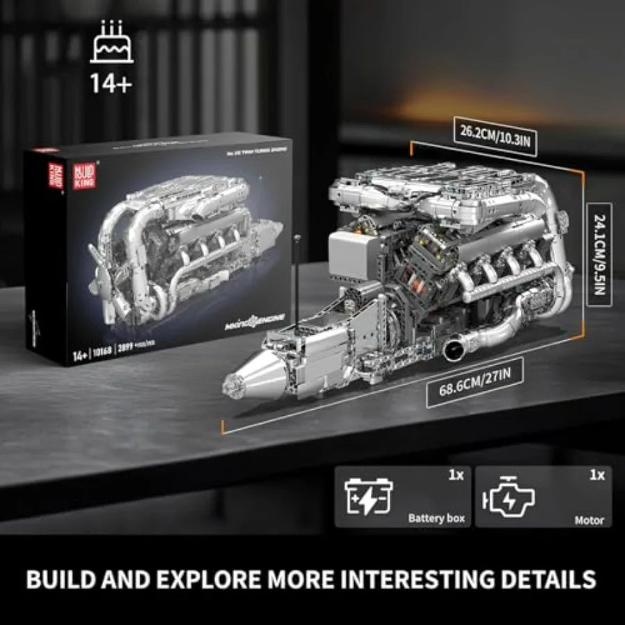 Mould King V8 Twin-Turbo Engine Model Kit with Battery and Motor for Adults and Teens 2899 PCS Engineering Construction STEM To