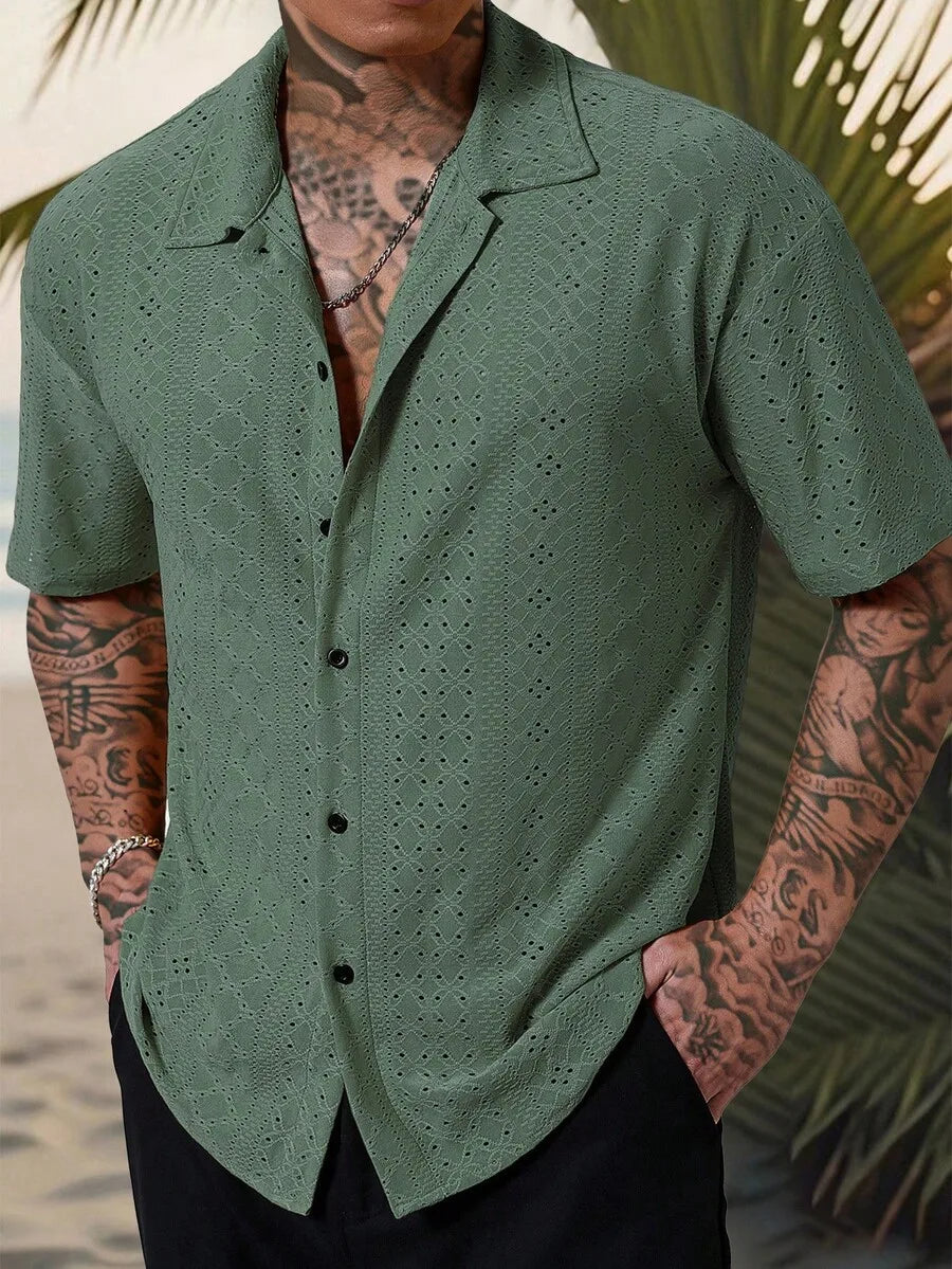 Men's Yellow Eyelet Lacework Short Sleeve Button-Down Casual Shirt