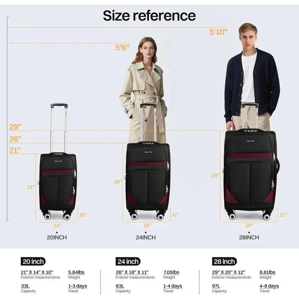 Expandable Large Luggage Set with Front Open Pocket, Lightweight & Durable, Double Spinner Wheels, Lockable (Black, 20in/24in/28